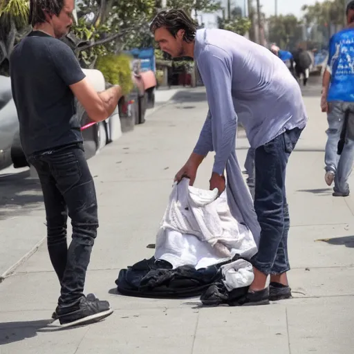 Prompt: thierry baudet begging in la, homeless, dirty clothes