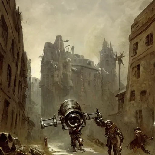 Image similar to a huge four legged creature with a cannon for a head, men in uniforms operate cannon, the creature is walking through the streets of a medieval city, illustration, rpg, hubert robert, dying earth, body horror