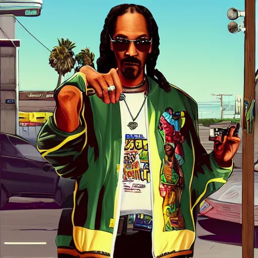 Prompt: snoop dog in gta v, cover art by stephen bliss, artstation, no text