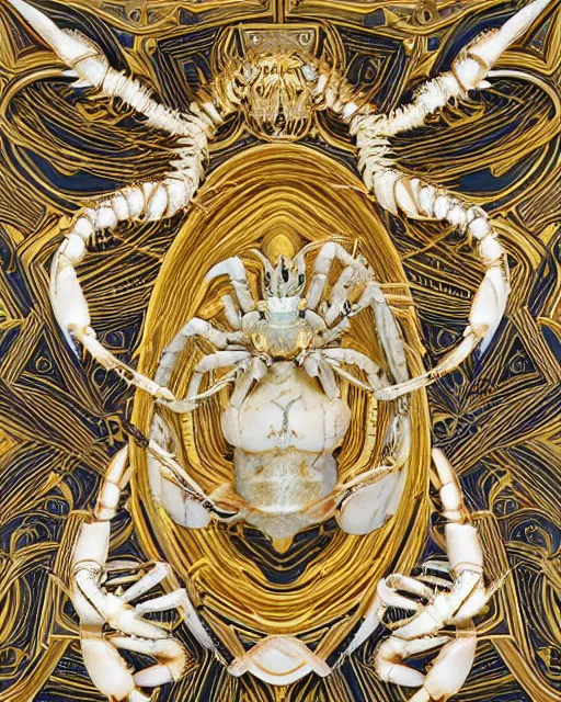 Prompt: symmetry, white marble bas relief sculpture with gold kintsugi, abstract patterns, feminine shapes, crabs, spiders, scorpions, tarantulas, stunning, highly detailed, intricately detailed, art nuevo, octane, 8 k, hdr, art by hr geiger and ridley scott and alphonse mucha, trending on artstation