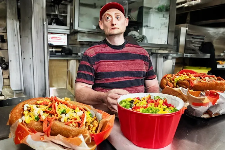 Image similar to Tim Robinson dejectedly contemplating a hotdog bowl, it's like a burrito bowl but with little bits of chopped up hotdog in it, thousand yard stare