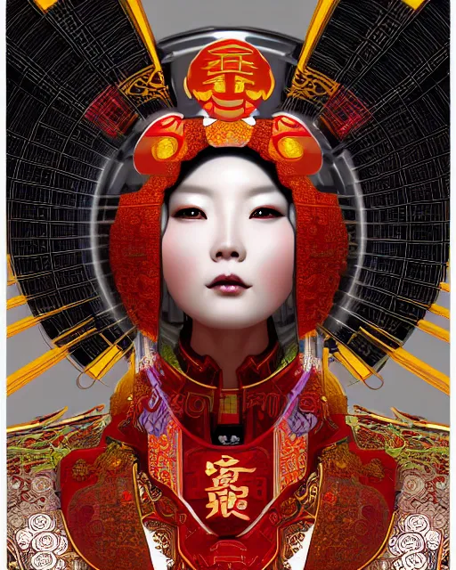 Image similar to portrait of a chinese cyberpunk machine, machine face, robed, upper half portrait, decorated with chinese opera motifs, regal, asian, fine china, wuxia, traditional chinese art intricate intense elegant 京 剧 highly detailed digital painting artstation concept art smooth sharp focus illustration, art by artgerm and greg rutkowski alphonse mucha 8 k