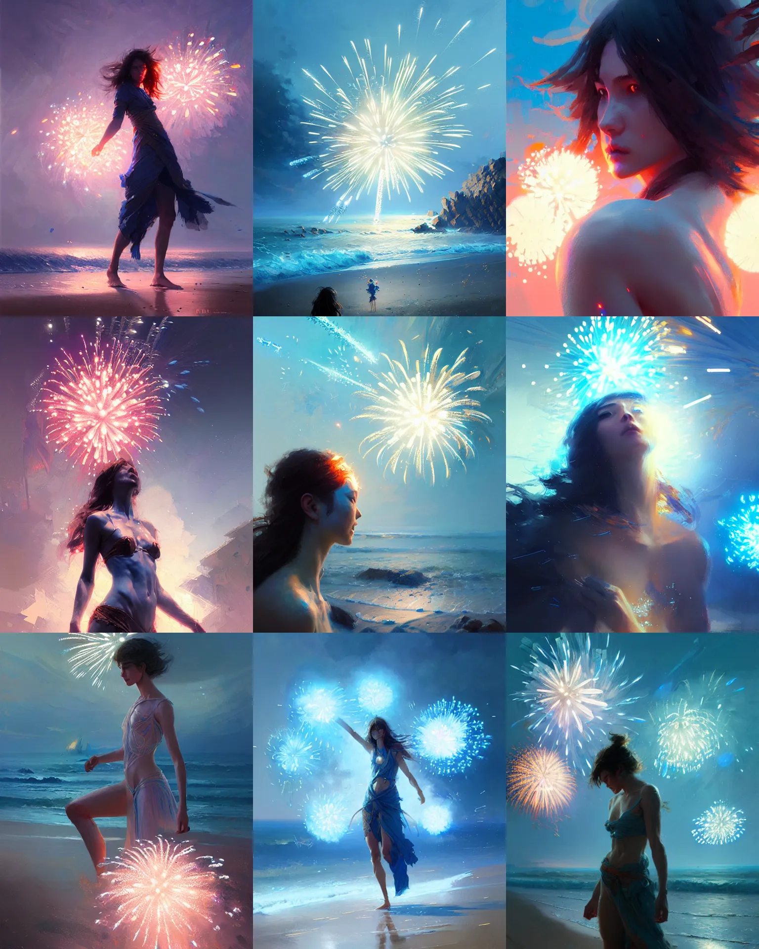 Image similar to beach blue fireworks, intricate, lens flare, bloom, sharp focus, illustration, highly detailed, digital painting, concept art, matte, art by ruan jia and wlop and greg rutkowski, masterpiece