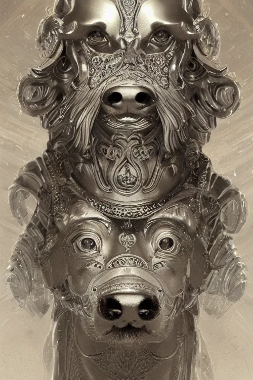 Image similar to Dog as a god, detailed face, statue, gorgeous, Delicate Greek metal armor, Delicate and intricate borders for decoration, amazing, flowing hair, muscular, fit, very muscular male body, intricate, highly detailed, 8K, digital painting, artstation, concept art, sharp focus, illustration, art by greg rutkowski beeple and alphonse mucha