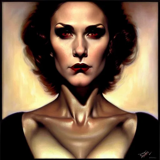 Image similar to close up face of a extremely beautiful bond female vampire portrait, Masterpiece, oil on canvas, artgerm, norman rockwell, craig mulins, trending on pxiv,