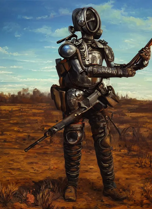 Prompt: a detailed painting of a man in post apocalyptic home made armour and a helmet holding a modified shotgun walking around a wasteland with a blue sky walking towards a sunset. hd. 1 9 5 0 s oil painting style.