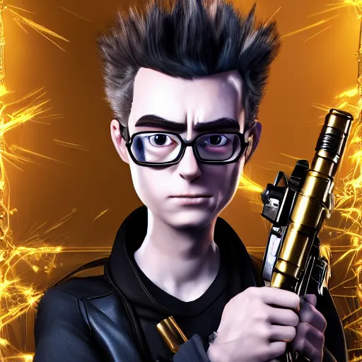 Image similar to hyperrealistic portrait of gothic cyberpunk jimmy neutron holding a golden machine gun, 4 k, highly detailed, beautifully rendered