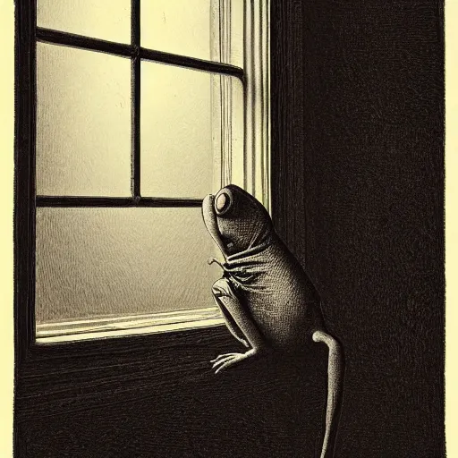 Prompt: traditional portrait of kermit in front of a window, close up, realistic, dramatic light, Chiaroscuro, illustration by Gustave Doré