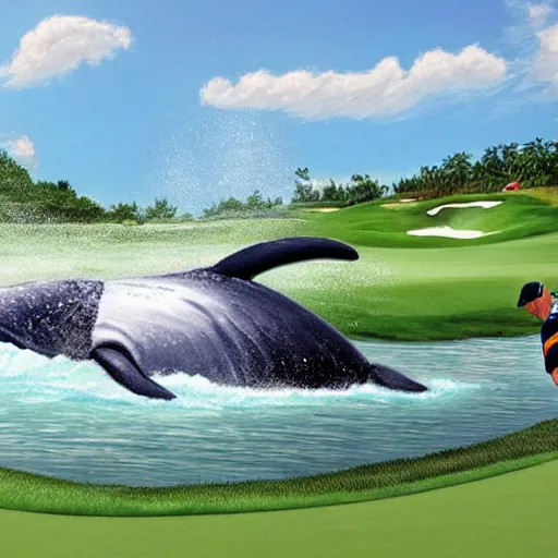 Image similar to highly detailed winning photo of a midget golfer riding a beached whale. the crowd is cheering him as tiger woods looks on in defeat. highly detailed render, photorealistic, photography