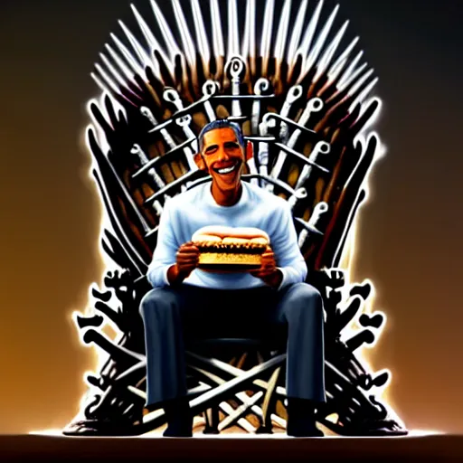 Prompt: barrack obama eating a cheese burger sitting on the iron throne, concept art, intricate, highly detailed, 8 k, trending on artstation, art greg rutkowski, by jordan grimmer