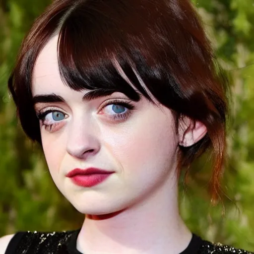 Prompt: a combination of Maisie Williams, Krysten Ritter, Anne Hathaway and Natalia Dwyer Christina Ricci and Lily Collins, long hair dark eyes