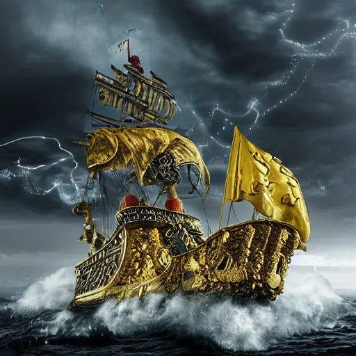 Image similar to Extremely detailed photo-realistic Beautiful Pirate Golden Galleon encrusted with gold and gems flying the JollyRoger flag, by erik johansson in a stormy sea