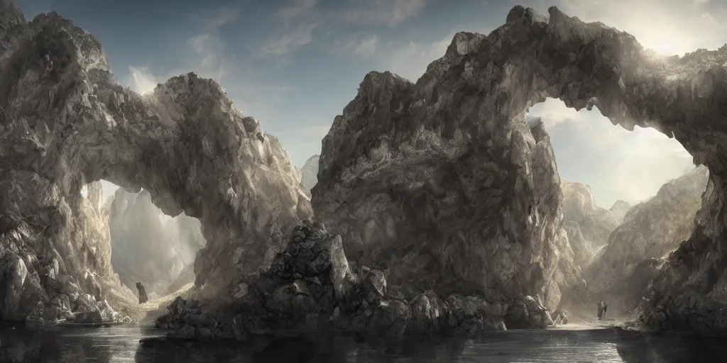 Prompt: two giant white marble statues flanking a cave entrance into a mountain, extremely detailed digital matte painting, clear skies, sunlight, god rays