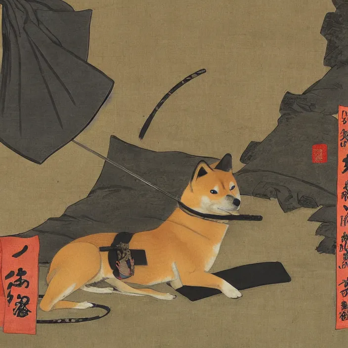 Image similar to a shiba-inu-samurai general waking up from a nap on the battlefield, artwork on loan from the historical dog society of japan