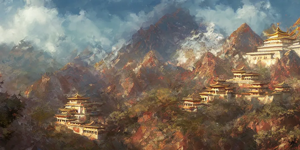 Image similar to Dzogchen Mountain Temple, by Craig Mullins and Marc Simonetti and Hiroshi Yoshida