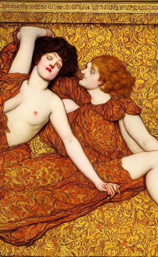 Image similar to preraphaelite full body reclining portrait photography masterpiece hybrid of judy garland and florence welch, foreshortening, brown hair fringe, yellow ochre ornate medieval dress, kilian eng and william holman hunt, frederic leighton, ford madox brown, william morris, framed, 4 k