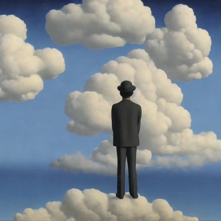 Image similar to cloud - man, by rene magritte, centered, detailed painting, hd, hq, high resolution, high detail, 4 k, 8 k