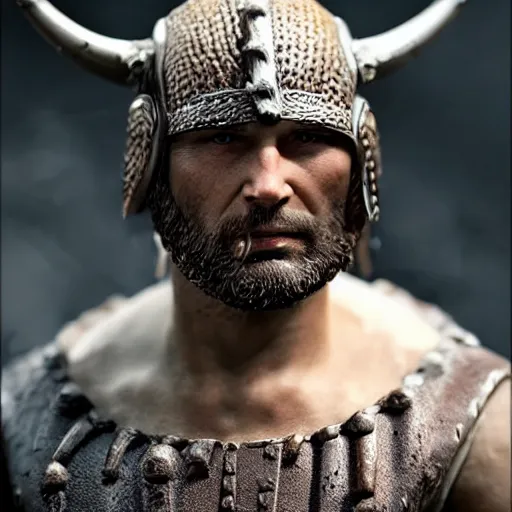 Image similar to of a 3d clay model of a viking from valhalla, wearing the horned helmet ultra fine detail, hair strands, ultra high resolution, fine texture detail, miniature painting techniques, perfect proportions, marvel cinematic universe, eric bana