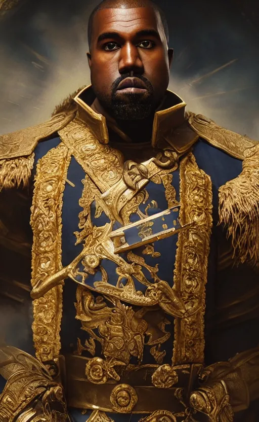 Prompt: Portrait of Kanye West as Emperor Napoleon in Skyrim, splash art, movie still, cinematic lighting, dramatic, octane render, long lens, shallow depth of field, bokeh, anamorphic lens flare, 8k, hyper detailed, 35mm film grain