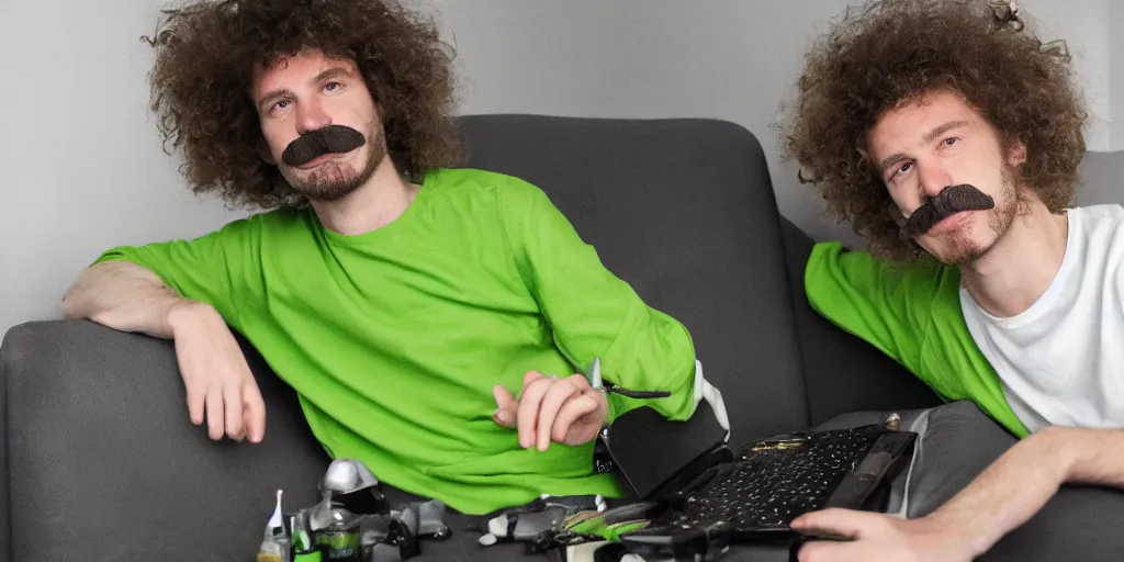 Image similar to french white man with puffy hair, mustache and a green sitting on a black chair in his room looking at the camera, photorealistic, webcam, yellow lightning