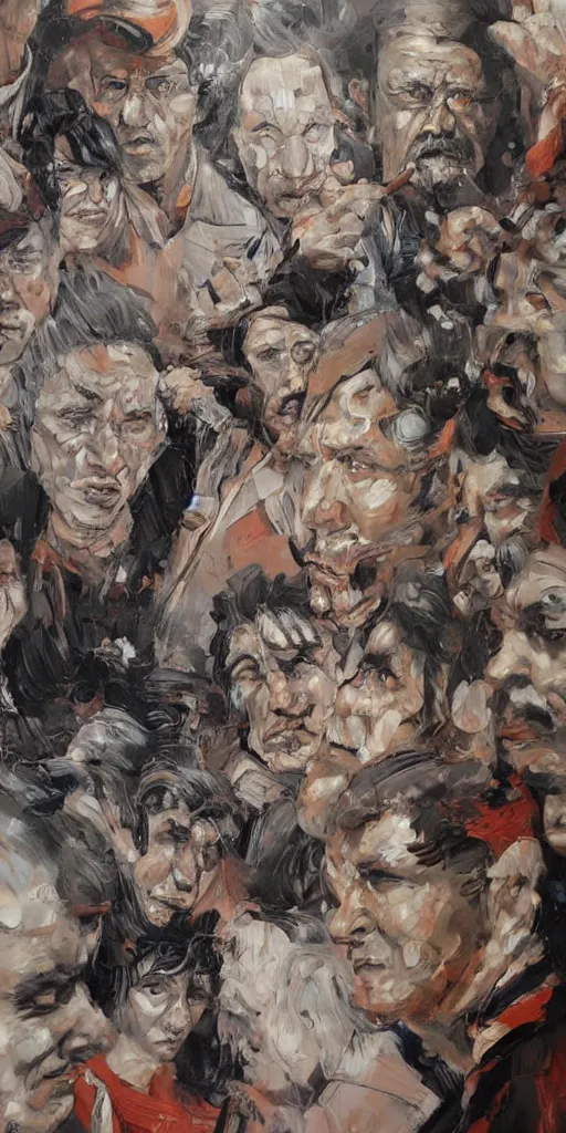 Image similar to oil painting scene from wall full of with portraits art by kim jung gi