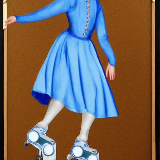 Prompt: blonde nun in blue clothes on roller skates, photorealistic, baroque style