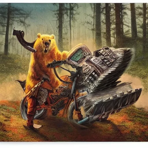 Image similar to jimi hendrix as a viking riding a mechanical robot bear through the russian forest by keith thompson