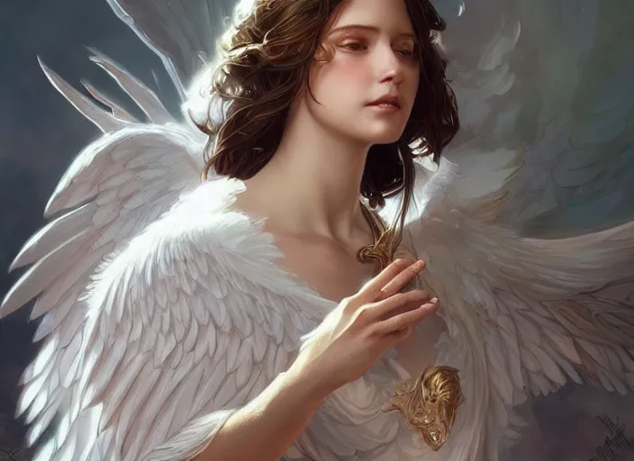 Image similar to a beautiful angel with feathered white wings, d & d, face, fantasy, intricate, elegant, highly detailed, digital painting, artstation, concept art, smooth, sharp focus, illustration, art by artgerm and greg rutkowski and alphonse mucha