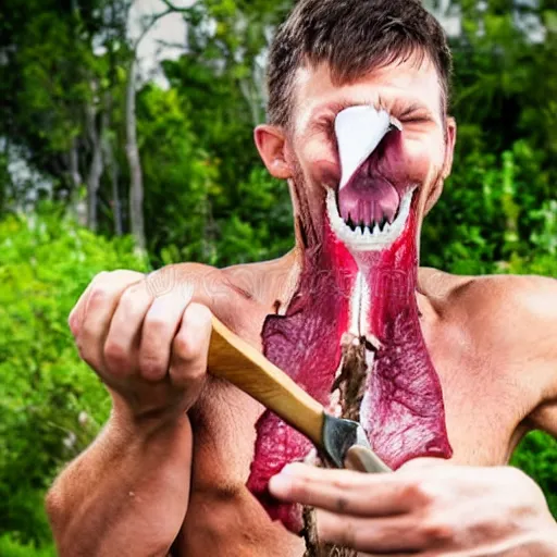 Image similar to man with whole tomahawk steak stuck between his teeth stock photo