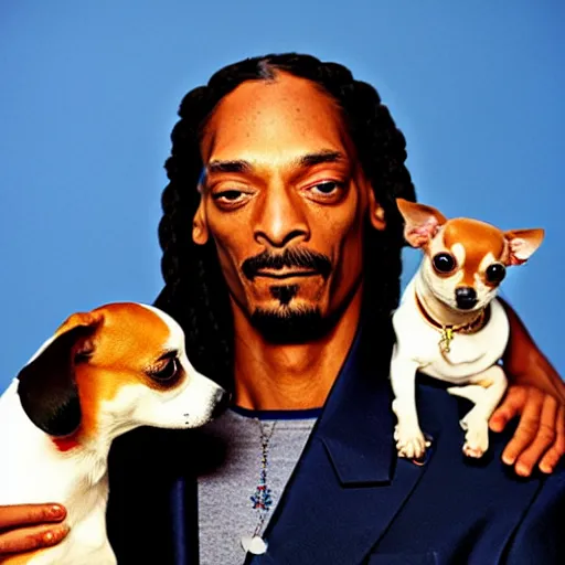 Prompt: Snoop Dogg holding a chihuahua for a 1990s sitcom tv show, Studio Photograph, portrait, C 12.0