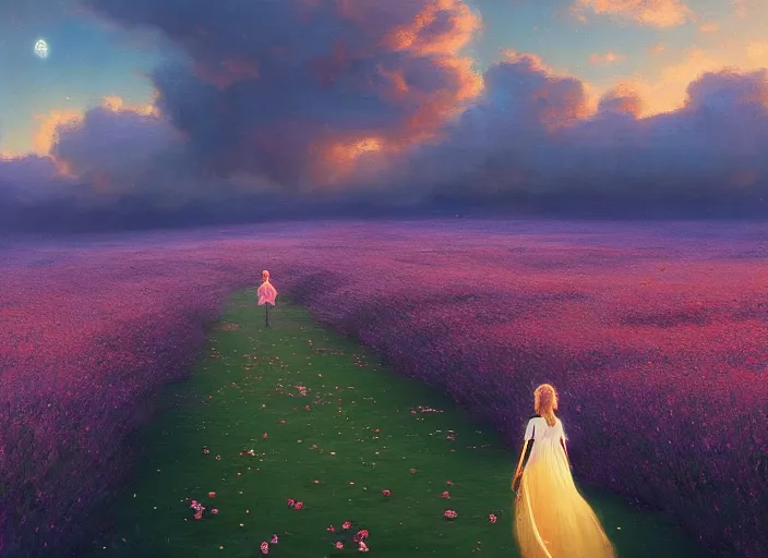 Image similar to a lone princess walks through a vast flower field in the cosmic sky by guweiz and peder mørk mønsted and delphin enjolras and vladimir volegov