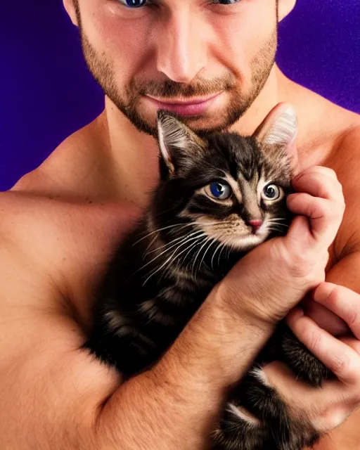 Image similar to muscular man holding a kitten in his hand, vaperwave background, color studio portrait, golden ratio, backlit, detailed eyes