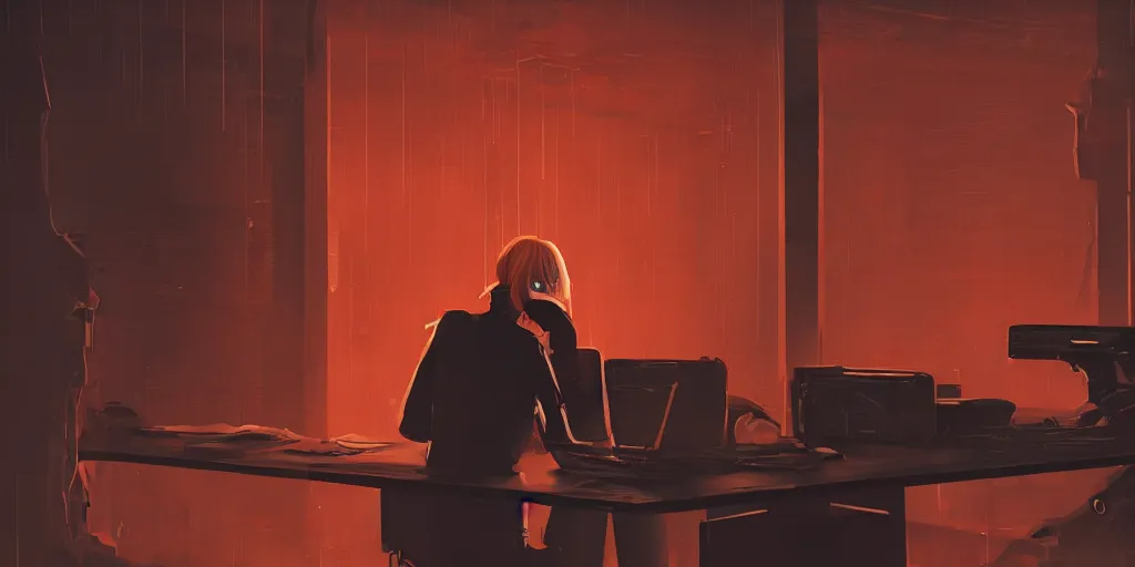 Prompt: An anonymous blonde guard seen from the back sitting in front of a cyberpunk dystopian desk with matrix falling orange text cyberpunk, artstation