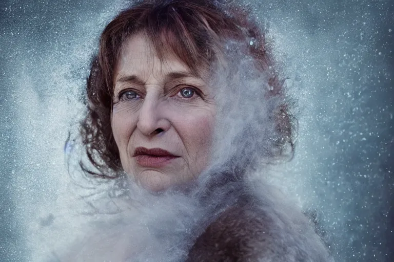 Image similar to a highly detailed cinematic headshot portrait photograph of a frozen middle aged woman stood in a field, field on fire, ultra realistic, depth, beautiful lighting, by annie leibovitz, photorealistic, hyperrealistic, octane, masterpiece