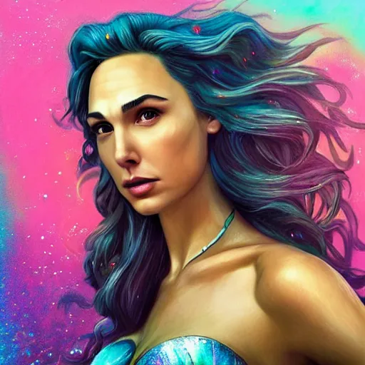 Prompt: “ gal gadot portrait, fantasy, mermaid, hyperrealistic, game character, underwater,, highly detailed, cinematic lighting, pearls, glowing hair, shells, gills, crown, water, highlights, starfish, goddess, jewelry, realistic, digital art, pastel, magic, fiction, ocean, queen, colorful hair, sparkly eyes, fish, heroic, waves, bubbles ”
