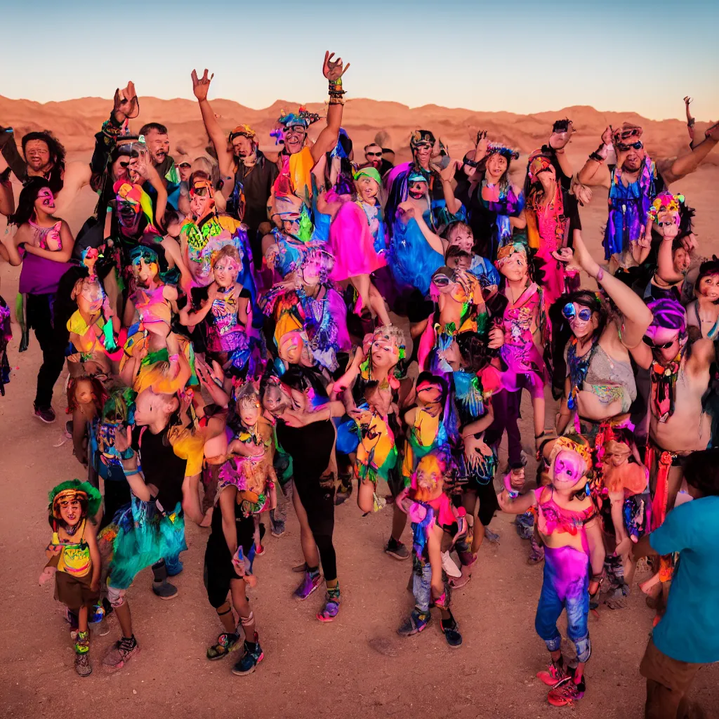 Prompt: family rave in the desert with diverse ages and ethnicities, XF IQ4, 150MP, 50mm, F1.4, ISO 200, 1/160s, dawn