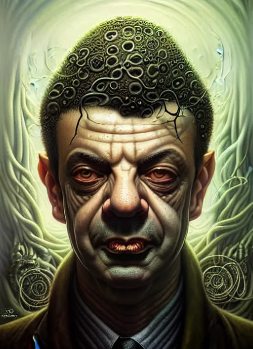 Prompt: lovecraft biopunk portrait of rowan sebastian atkinson, cthulhu, by tomasz alen kopera and peter mohrbacher