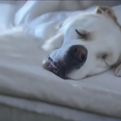 Image similar to close - up of a dog sleeping in a bed made of clouds, cinematic shot, photo still from movie by denis villeneuve