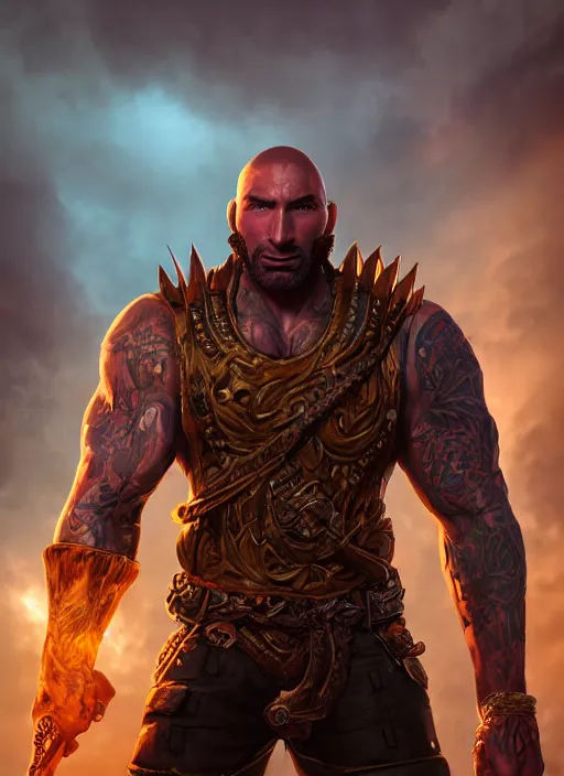 Prompt: A fantasy comic book style portrait painting of Dave Bautista as epic warrior in a stunning fantasy fortress, unreal 5, DAZ, hyperrealistic, octane render, RPG portrait, dynamic lighting