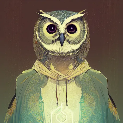 Prompt: a detailed portrait of an owl wizard dressed with an enchanted robe, by greg rutkowski victo ngai, digital art, realistic painting, very detailed, fantasy, character design, dnd, trending on artstation