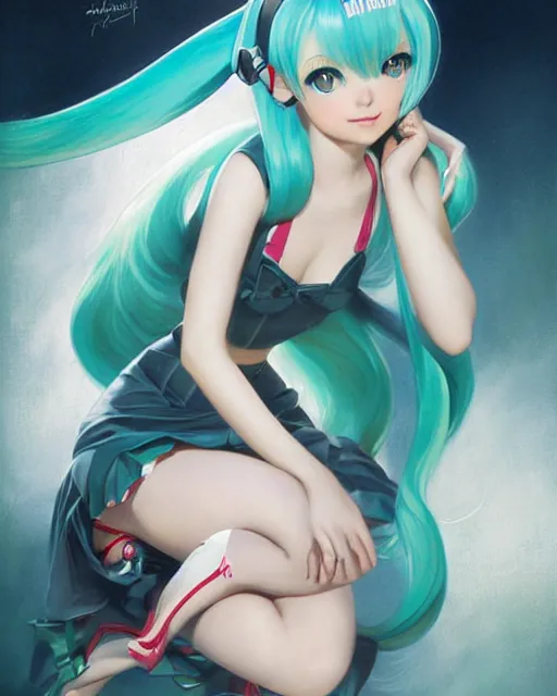 Image similar to Hatsune Miku by Gil Elvgren and Daniela Uhlig