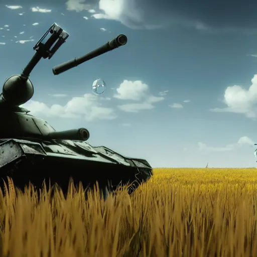 Image similar to a very high resolution image from nier : automata, featuring 9 s android destroying a t 6 2 russian tank in yellow rye field under pure blue skies