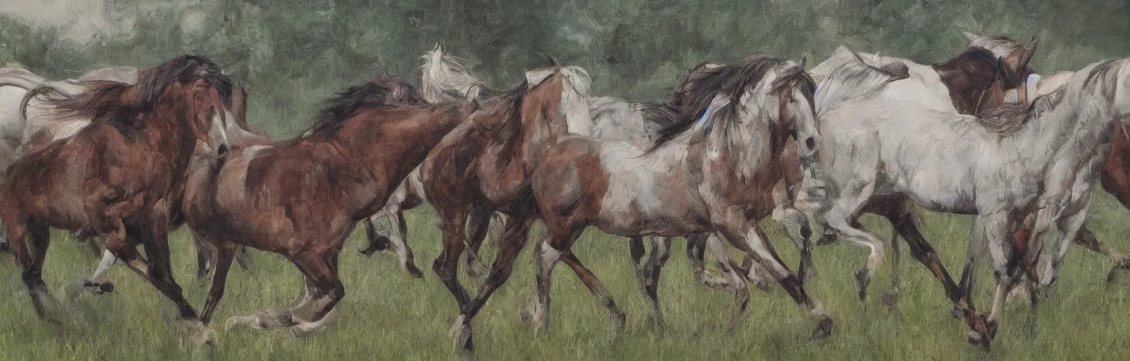 Image similar to lots of horses running through the field, hyper realistic, more details, they might be crawling, original oil on canvas painting by sydney mount