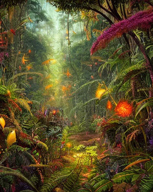 Image similar to photo of a beautifully rendered ancient magical jungle path with tall ferns and carniverous flowers and fireflies, deep rich colors, by android jones, detailed matte painting