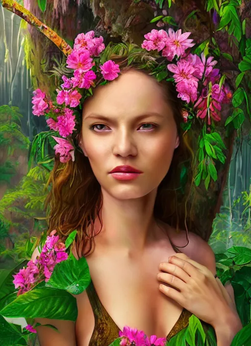 Prompt: a beautiful portrait of a beautiful woman in the jungle surrounded by pink flowers, shamanism, matte painting, fantasy art