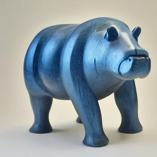 Prompt: wood block small hippo statue, wood blocks bottom hippo body, blue chrome top hippo body, by a genius craftsman, highly detailed, wood block legs made of polished wooden blocks under the blue resin chrome top