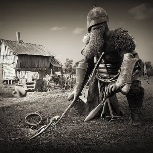 Image similar to wise angle photo of viking in armor working on the mechanical ancient device, tools and junk on the ground,wires and lights, old village in the distance, vintage old photo, black and white, sepia