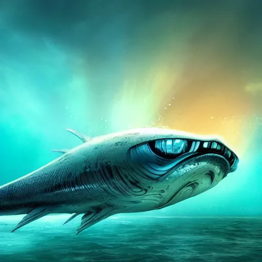 Image similar to vanishing perspective view of an alien fish swimming on the ocean bed, deep blue ocean color, some plant life, alien landscape, cinematic perspective, cinematic lighting, matte painting, detailed, sci - fi