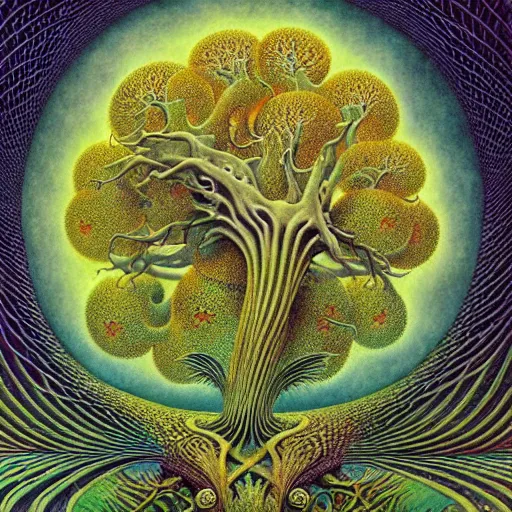 Image similar to sacred mulberry tree by roger dean and andrew ferez, art forms of nature by ernst haeckel, divine chaos engine, symbolist, visionary, art nouveau, botanical fractal structures, organic, detailed, realistic, surreality