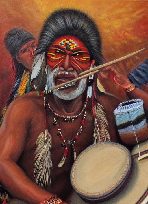 Prompt: a realistic painting of indigenous man playing drums, highly detailed, fantasy art